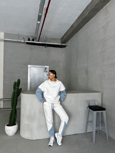 TKM-03628 Bebe Mavi Forever Yazı Baskılı Parçalı Salaş Sweat Jogger Üç İplik Şardonlu İkili Takım 