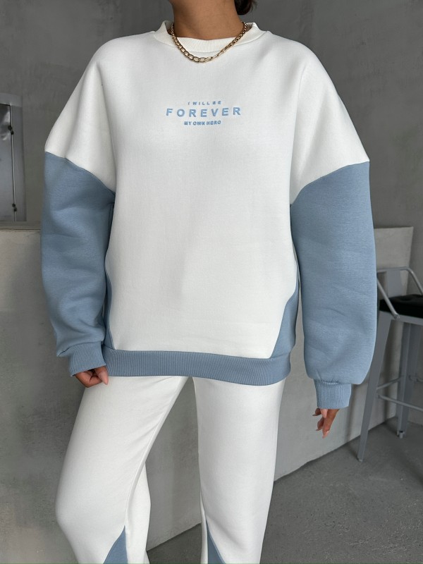 TKM-03628 Bebe Mavi Forever Yazı Baskılı Parçalı Salaş Sweat Jogger Üç İplik Şardonlu İkili Takım - 2