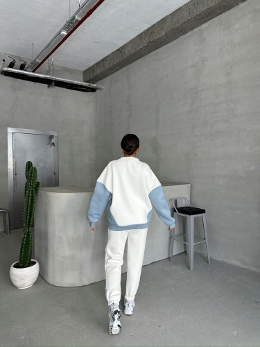 TKM-03628 Bebe Mavi Forever Yazı Baskılı Parçalı Salaş Sweat Jogger Üç İplik Şardonlu İkili Takım - 8