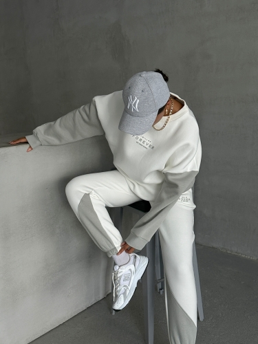 TKM-03628 Boyama Gri Forever Yazı Baskılı Parçalı Salaş Sweat Jogger Üç İplik Şardonlu İkili Takım - 1