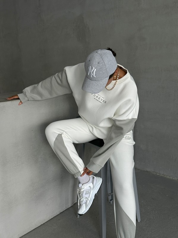 TKM-03628 Boyama Gri Forever Yazı Baskılı Parçalı Salaş Sweat Jogger Üç İplik Şardonlu İkili Takım - 1