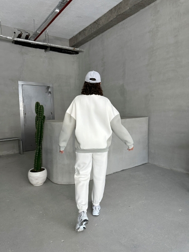 TKM-03628 Boyama Gri Forever Yazı Baskılı Parçalı Salaş Sweat Jogger Üç İplik Şardonlu İkili Takım - 8