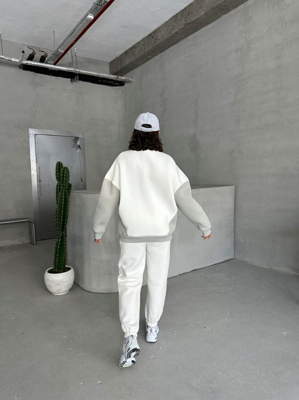 TKM-03628 Boyama Gri Forever Yazı Baskılı Parçalı Salaş Sweat Jogger Üç İplik Şardonlu İkili Takım - 8