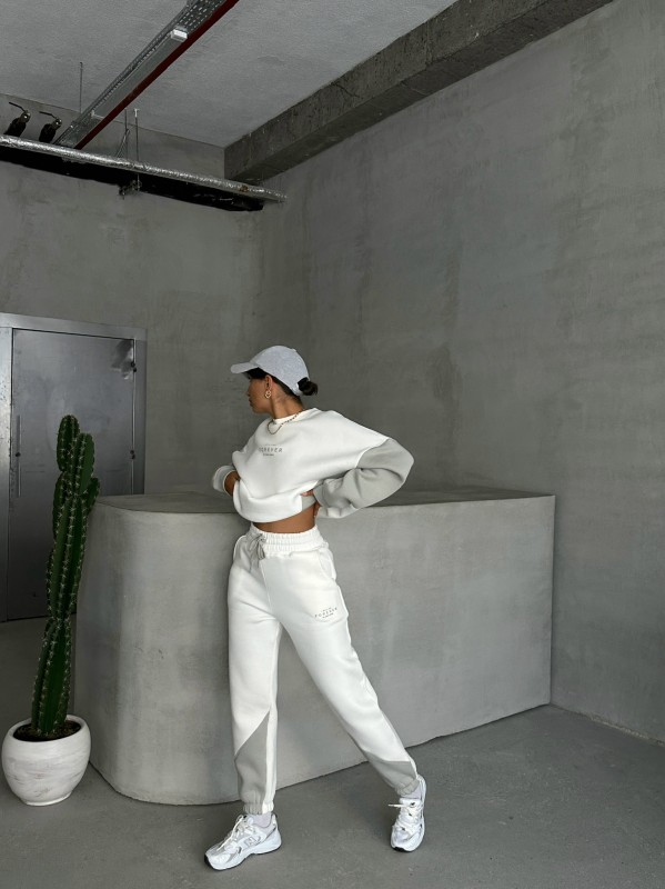 TKM-03628 Boyama Gri Forever Yazı Baskılı Parçalı Salaş Sweat Jogger Üç İplik Şardonlu İkili Takım - 4