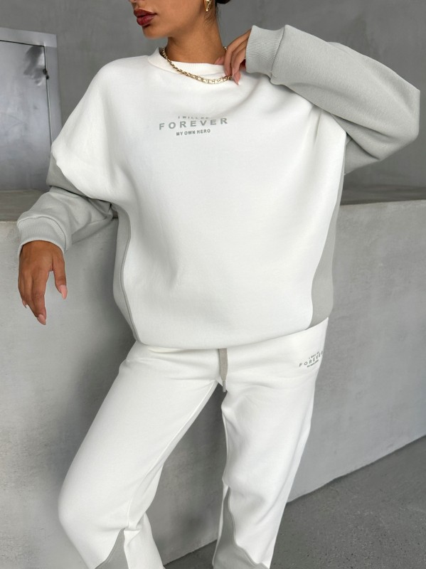 TKM-03628 Boyama Gri Forever Yazı Baskılı Parçalı Salaş Sweat Jogger Üç İplik Şardonlu İkili Takım - 5