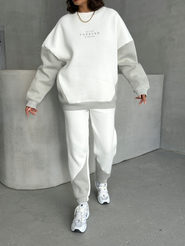 TKM-03628 Boyama Gri Forever Yazı Baskılı Parçalı Salaş Sweat Jogger Üç İplik Şardonlu İkili Takım - 2