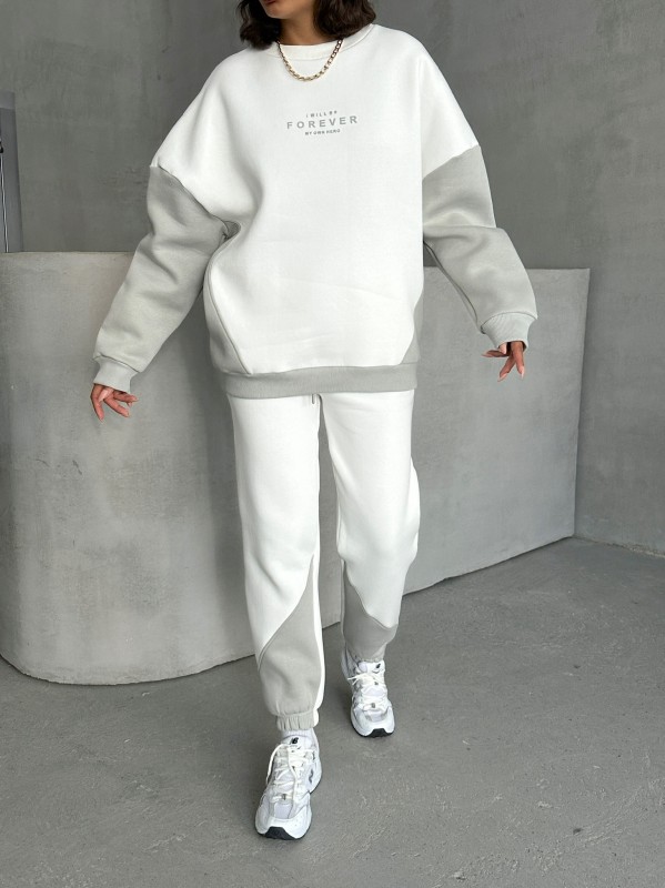 TKM-03628 Boyama Gri Forever Yazı Baskılı Parçalı Salaş Sweat Jogger Üç İplik Şardonlu İkili Takım - 2