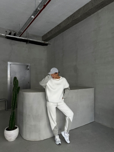 TKM-03628 Boyama Gri Forever Yazı Baskılı Parçalı Salaş Sweat Jogger Üç İplik Şardonlu İkili Takım - 6