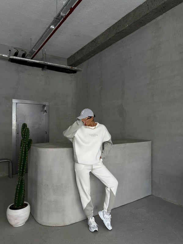 TKM-03628 Boyama Gri Forever Yazı Baskılı Parçalı Salaş Sweat Jogger Üç İplik Şardonlu İkili Takım - 6
