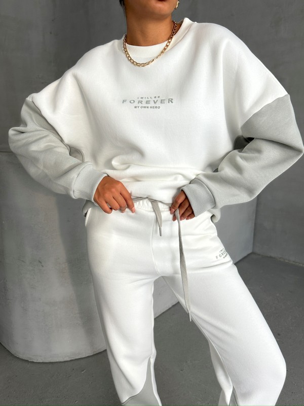 TKM-03628 Boyama Gri Forever Yazı Baskılı Parçalı Salaş Sweat Jogger Üç İplik Şardonlu İkili Takım - 7