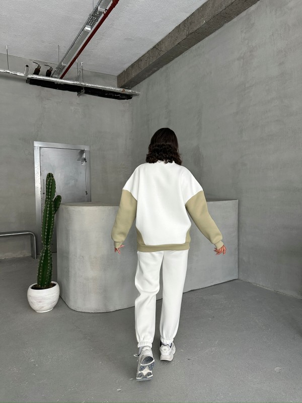 TKM-03628 Haki Forever Yazı Baskılı Parçalı Salaş Sweat Jogger Üç İplik Şardonlu İkili Takım - 7