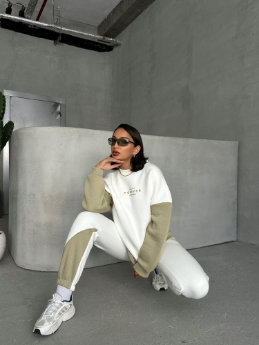 TKM-03628 Haki Forever Yazı Baskılı Parçalı Salaş Sweat Jogger Üç İplik Şardonlu İkili Takım 