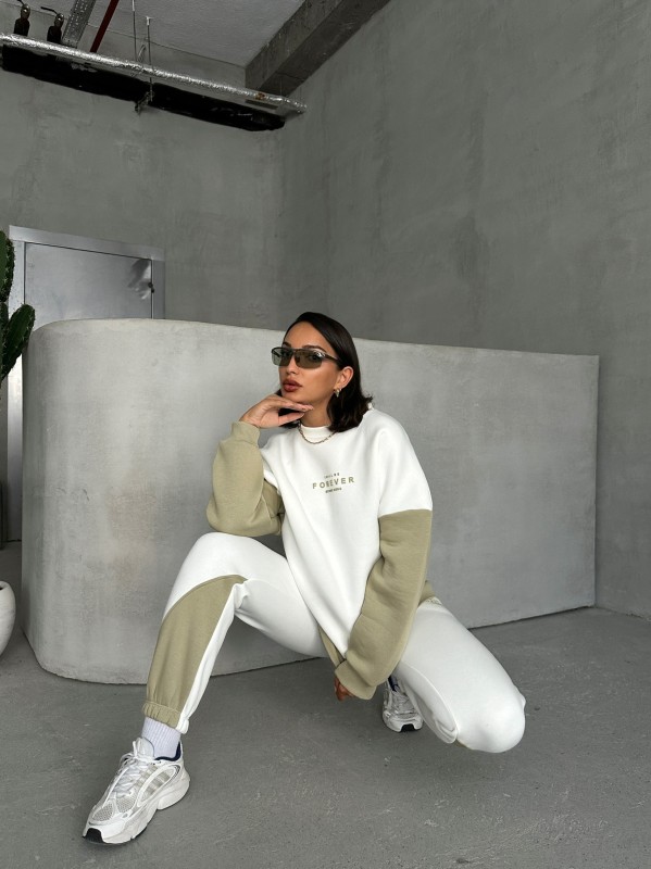 TKM-03628 Haki Forever Yazı Baskılı Parçalı Salaş Sweat Jogger Üç İplik Şardonlu İkili Takım - 1