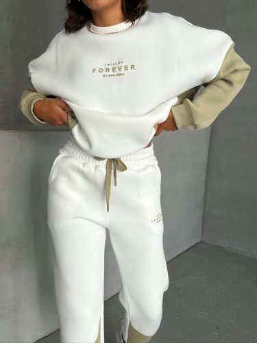 TKM-03628 Haki Forever Yazı Baskılı Parçalı Salaş Sweat Jogger Üç İplik Şardonlu İkili Takım - 5