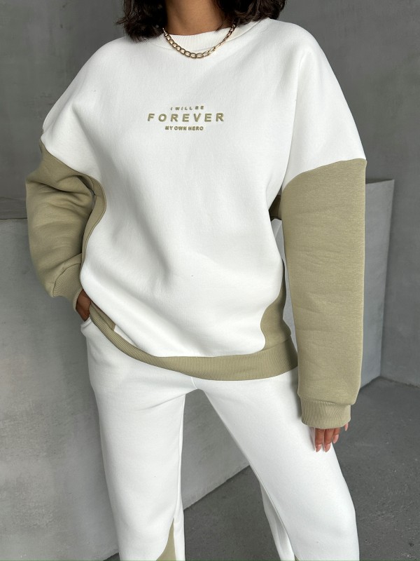 TKM-03628 Haki Forever Yazı Baskılı Parçalı Salaş Sweat Jogger Üç İplik Şardonlu İkili Takım - 6