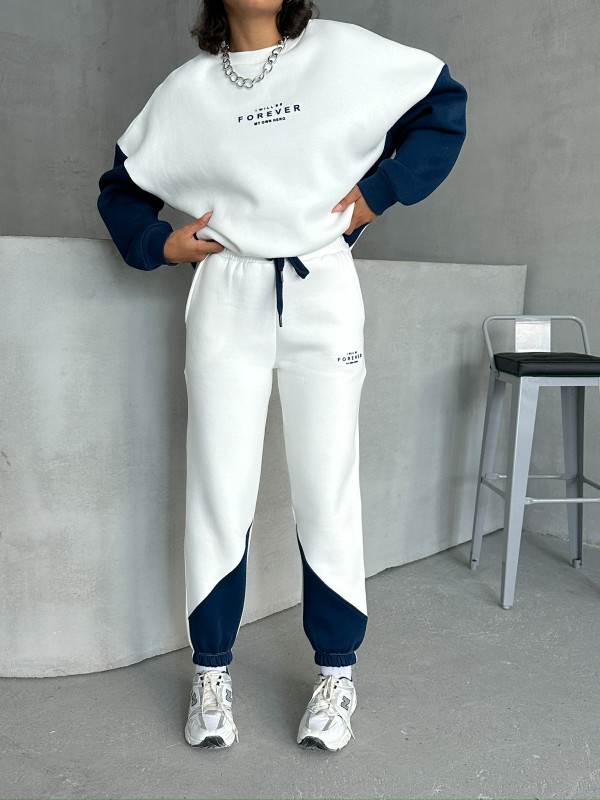 TKM-03628 Lacivert Forever Yazı Baskılı Parçalı Salaş Sweat Jogger Üç İplik Şardonlu İkili Takım - 2