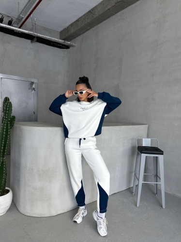 TKM-03628 Lacivert Forever Yazı Baskılı Parçalı Salaş Sweat Jogger Üç İplik Şardonlu İkili Takım - 4