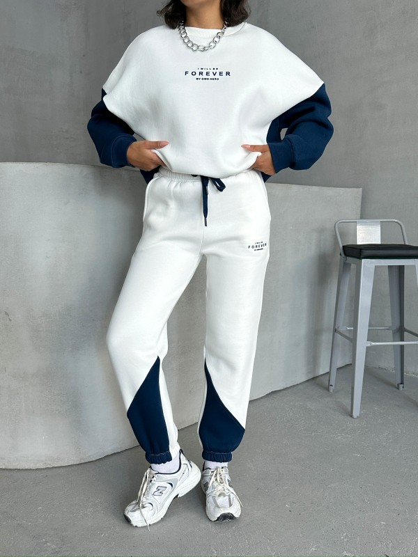 TKM-03628 Lacivert Forever Yazı Baskılı Parçalı Salaş Sweat Jogger Üç İplik Şardonlu İkili Takım - 5
