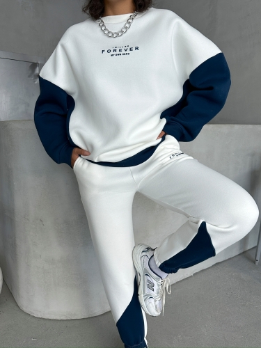 TKM-03628 Lacivert Forever Yazı Baskılı Parçalı Salaş Sweat Jogger Üç İplik Şardonlu İkili Takım - 6