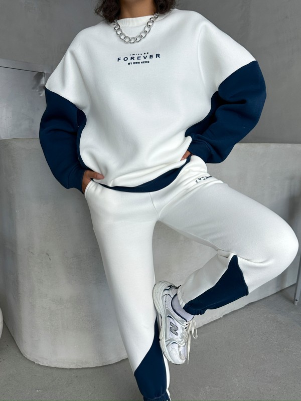 TKM-03628 Lacivert Forever Yazı Baskılı Parçalı Salaş Sweat Jogger Üç İplik Şardonlu İkili Takım - 6