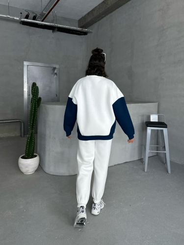 TKM-03628 Lacivert Forever Yazı Baskılı Parçalı Salaş Sweat Jogger Üç İplik Şardonlu İkili Takım - 7