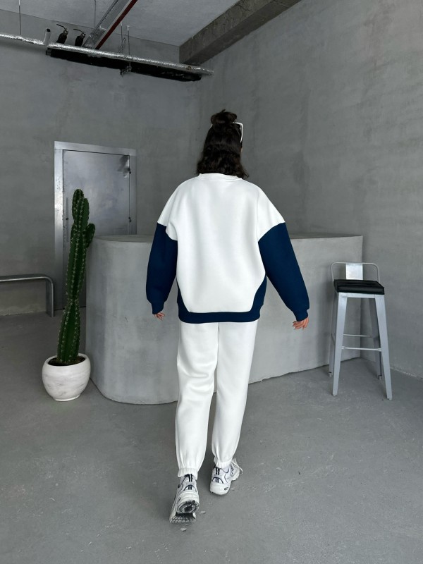TKM-03628 Lacivert Forever Yazı Baskılı Parçalı Salaş Sweat Jogger Üç İplik Şardonlu İkili Takım - 7