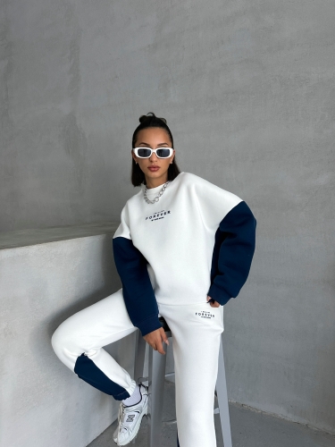 TKM-03628 Lacivert Forever Yazı Baskılı Parçalı Salaş Sweat Jogger Üç İplik Şardonlu İkili Takım 