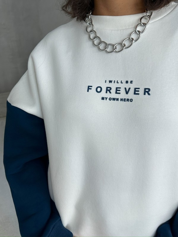TKM-03628 Lacivert Forever Yazı Baskılı Parçalı Salaş Sweat Jogger Üç İplik Şardonlu İkili Takım - 3