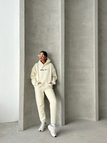 TKM-03630 Beyaz Wake Up Kabartma Baskılı Kapüşonlu Sweatshirt Jogger Eşofman Üç İplik Şardonlu İkili Takım - 4