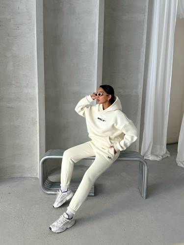TKM-03630 Beyaz Wake Up Kabartma Baskılı Kapüşonlu Sweatshirt Jogger Eşofman Üç İplik Şardonlu İkili Takım - 6