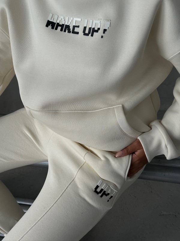 TKM-03630 Beyaz Wake Up Kabartma Baskılı Kapüşonlu Sweatshirt Jogger Eşofman Üç İplik Şardonlu İkili Takım - 3