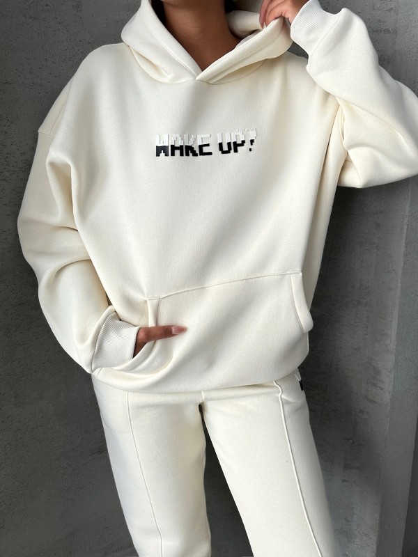 TKM-03630 Beyaz Wake Up Kabartma Baskılı Kapüşonlu Sweatshirt Jogger Eşofman Üç İplik Şardonlu İkili Takım - 5