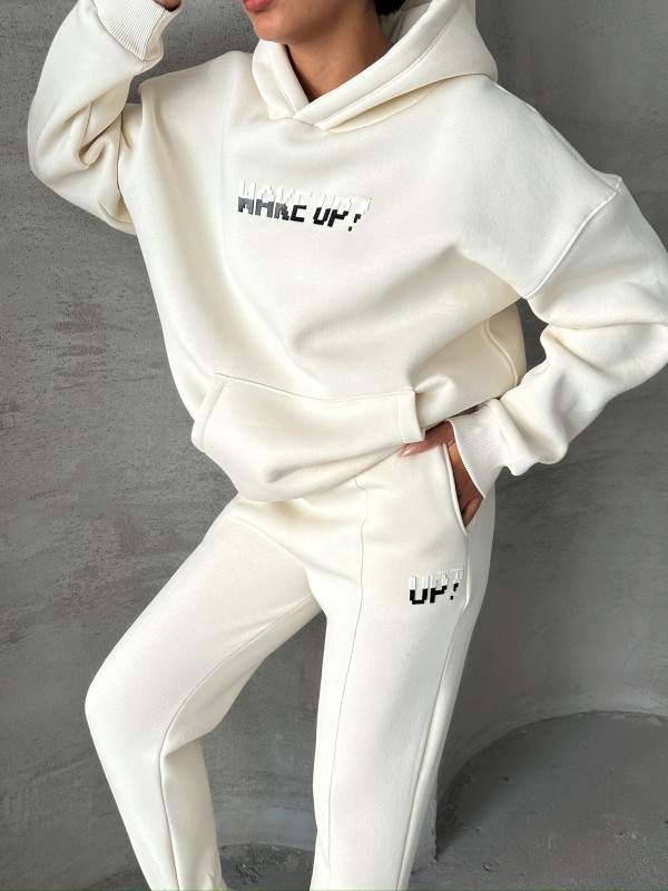 TKM-03630 Beyaz Wake Up Kabartma Baskılı Kapüşonlu Sweatshirt Jogger Eşofman Üç İplik Şardonlu İkili Takım - 2