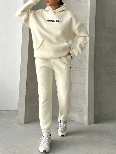 TKM-03630 Beyaz Wake Up Kabartma Baskılı Kapüşonlu Sweatshirt Jogger Eşofman Üç İplik Şardonlu İkili Takım - 7