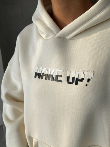 TKM-03630 Beyaz Wake Up Kabartma Baskılı Kapüşonlu Sweatshirt Jogger Eşofman Üç İplik Şardonlu İkili Takım - 8