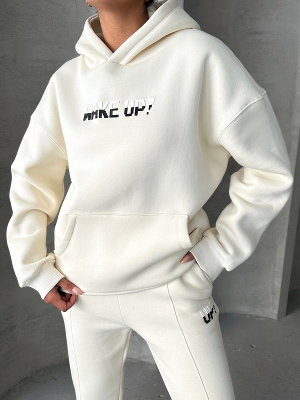 TKM-03630 Beyaz Wake Up Kabartma Baskılı Kapüşonlu Sweatshirt Jogger Eşofman Üç İplik Şardonlu İkili Takım - 9