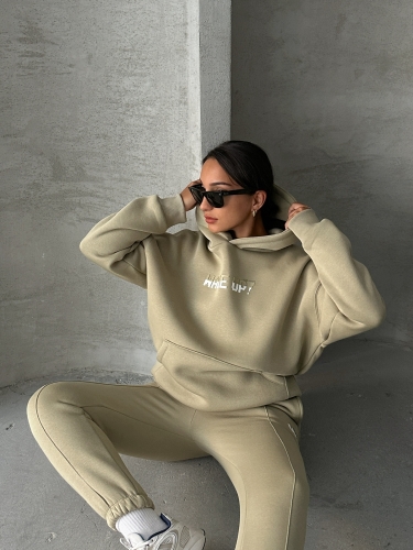 TKM-03630 Haki Wake Up Kabartma Baskılı Kapüşonlu Sweatshirt Jogger Eşofman Üç İplik Şardonlu İkili Takım 