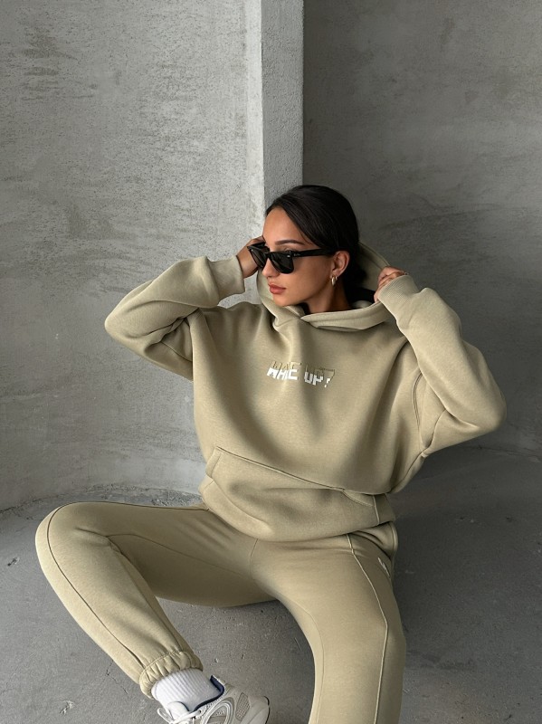 TKM-03630 Haki Wake Up Kabartma Baskılı Kapüşonlu Sweatshirt Jogger Eşofman Üç İplik Şardonlu İkili Takım - 1