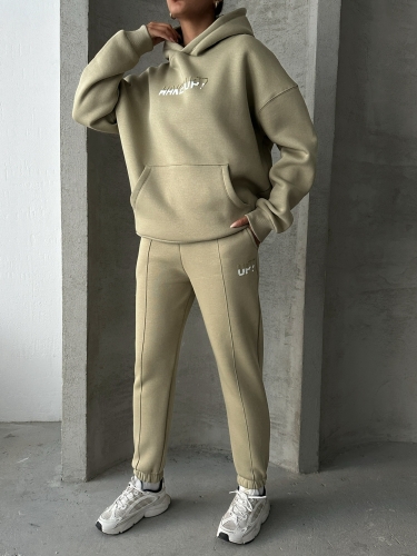 TKM-03630 Haki Wake Up Kabartma Baskılı Kapüşonlu Sweatshirt Jogger Eşofman Üç İplik Şardonlu İkili Takım - 5