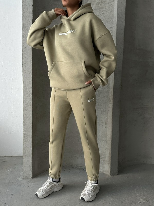 TKM-03630 Haki Wake Up Kabartma Baskılı Kapüşonlu Sweatshirt Jogger Eşofman Üç İplik Şardonlu İkili Takım - 5