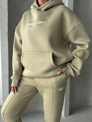 TKM-03630 Haki Wake Up Kabartma Baskılı Kapüşonlu Sweatshirt Jogger Eşofman Üç İplik Şardonlu İkili Takım - 3