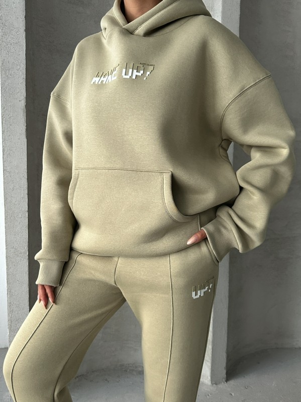 TKM-03630 Haki Wake Up Kabartma Baskılı Kapüşonlu Sweatshirt Jogger Eşofman Üç İplik Şardonlu İkili Takım - 3