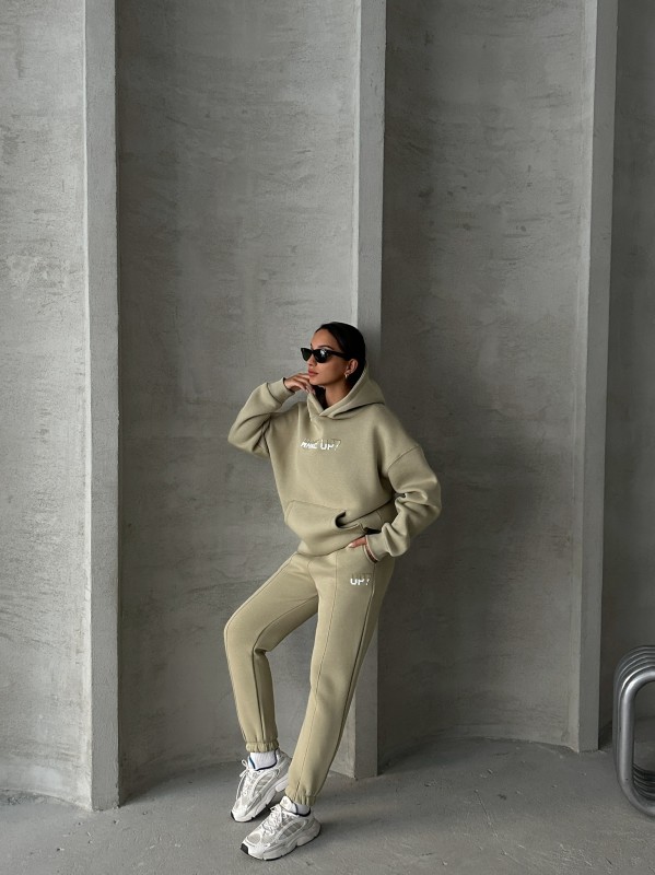 TKM-03630 Haki Wake Up Kabartma Baskılı Kapüşonlu Sweatshirt Jogger Eşofman Üç İplik Şardonlu İkili Takım - 6