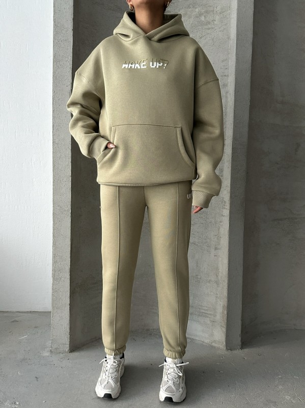 TKM-03630 Haki Wake Up Kabartma Baskılı Kapüşonlu Sweatshirt Jogger Eşofman Üç İplik Şardonlu İkili Takım - 7