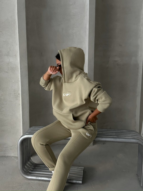 TKM-03630 Haki Wake Up Kabartma Baskılı Kapüşonlu Sweatshirt Jogger Eşofman Üç İplik Şardonlu İkili Takım - 4