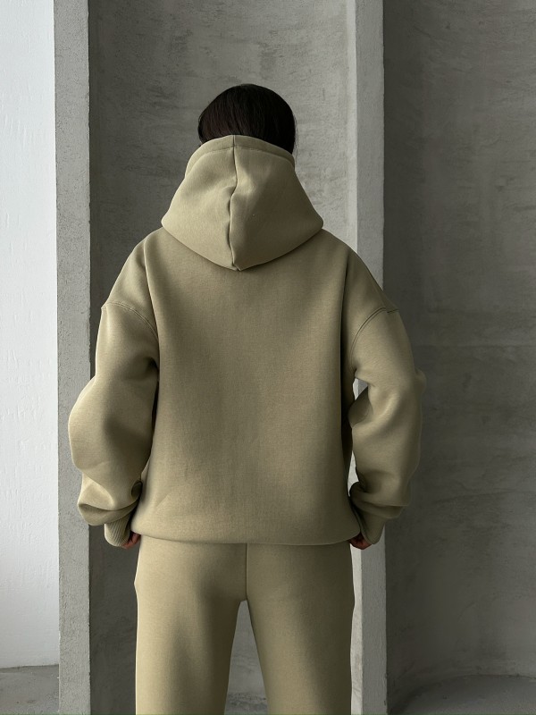 TKM-03630 Haki Wake Up Kabartma Baskılı Kapüşonlu Sweatshirt Jogger Eşofman Üç İplik Şardonlu İkili Takım - 9
