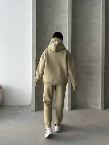 TKM-03630 Haki Wake Up Kabartma Baskılı Kapüşonlu Sweatshirt Jogger Eşofman Üç İplik Şardonlu İkili Takım - 10