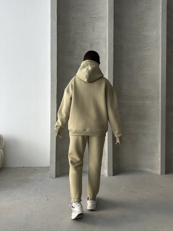 TKM-03630 Haki Wake Up Kabartma Baskılı Kapüşonlu Sweatshirt Jogger Eşofman Üç İplik Şardonlu İkili Takım - 10