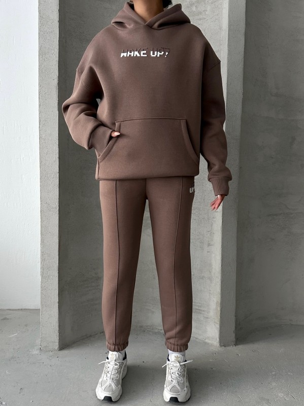 TKM-03630 Kahverengi Wake Up Kabartma Baskılı Kapüşonlu Sweatshirt Jogger Eşofman Üç İplik Şardonlu İkili Takım - 7