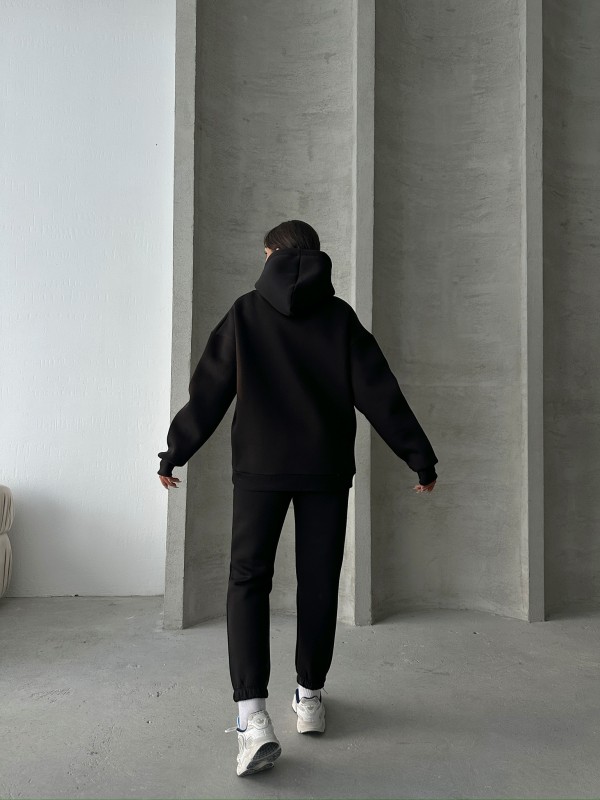 TKM-03630 Siyah Wake Up Kabartma Baskılı Kapüşonlu Sweatshirt Jogger Eşofman Üç İplik Şardonlu İkili Takım - 6